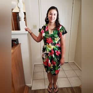 80s Tropical Floral V Neck Fitted Cotton Dress Women's Size S/M